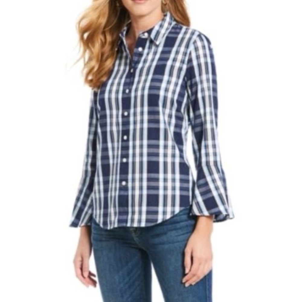 Draper James Blue and White Plaid Bell-Sleeve Button Up Top